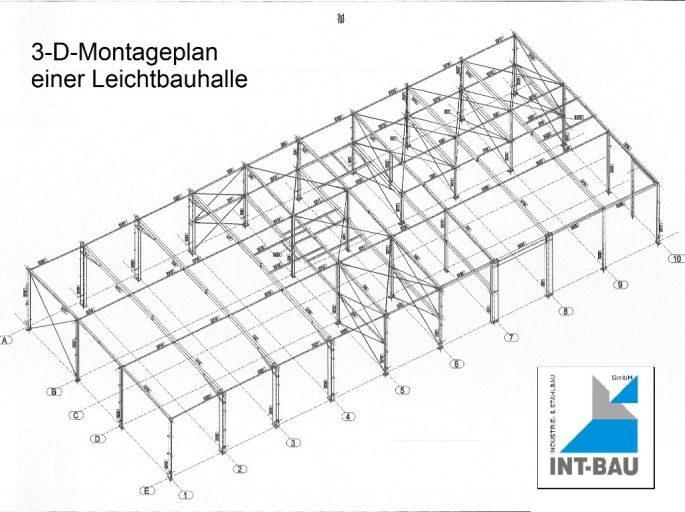 3-D-Montageplan einer Leichtbauhalle von INT-BAU